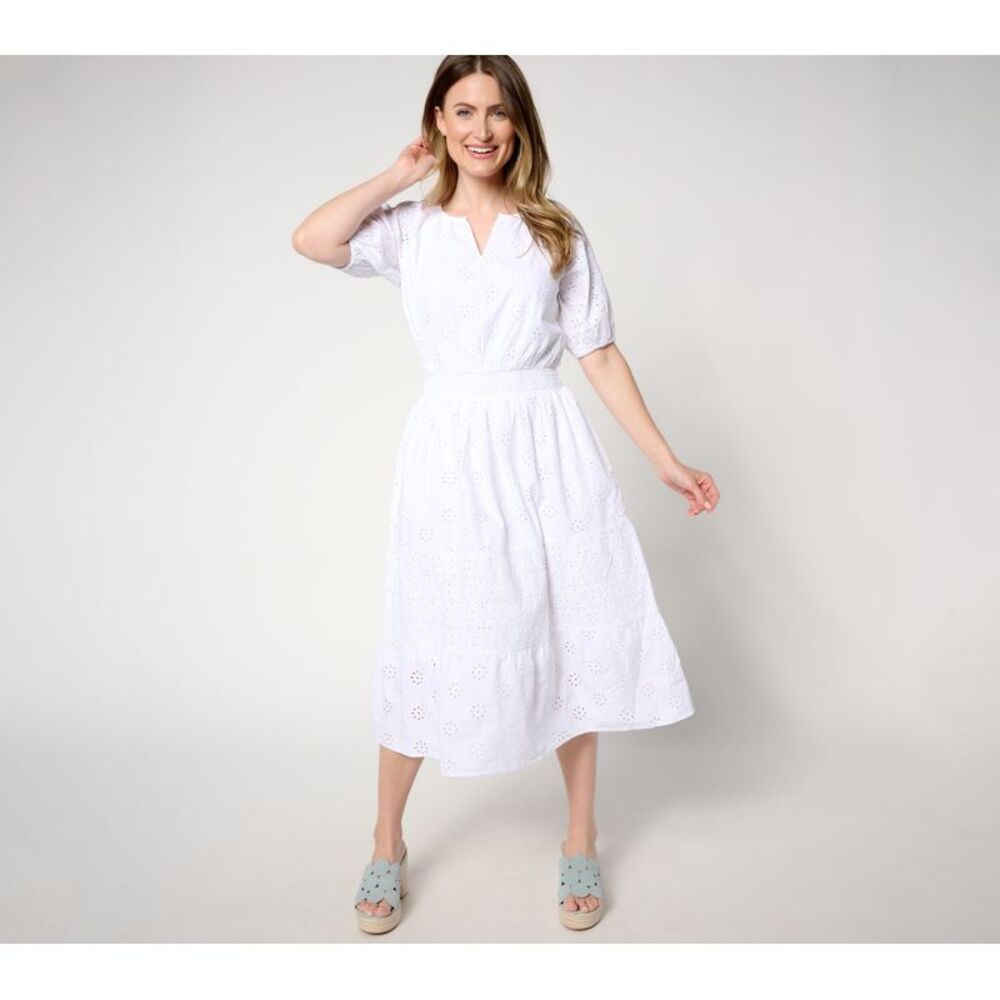 Isaac Mizrahi Live! Women's Plus Sz Dress 2X Cotton Eyelet Tiered White A645058